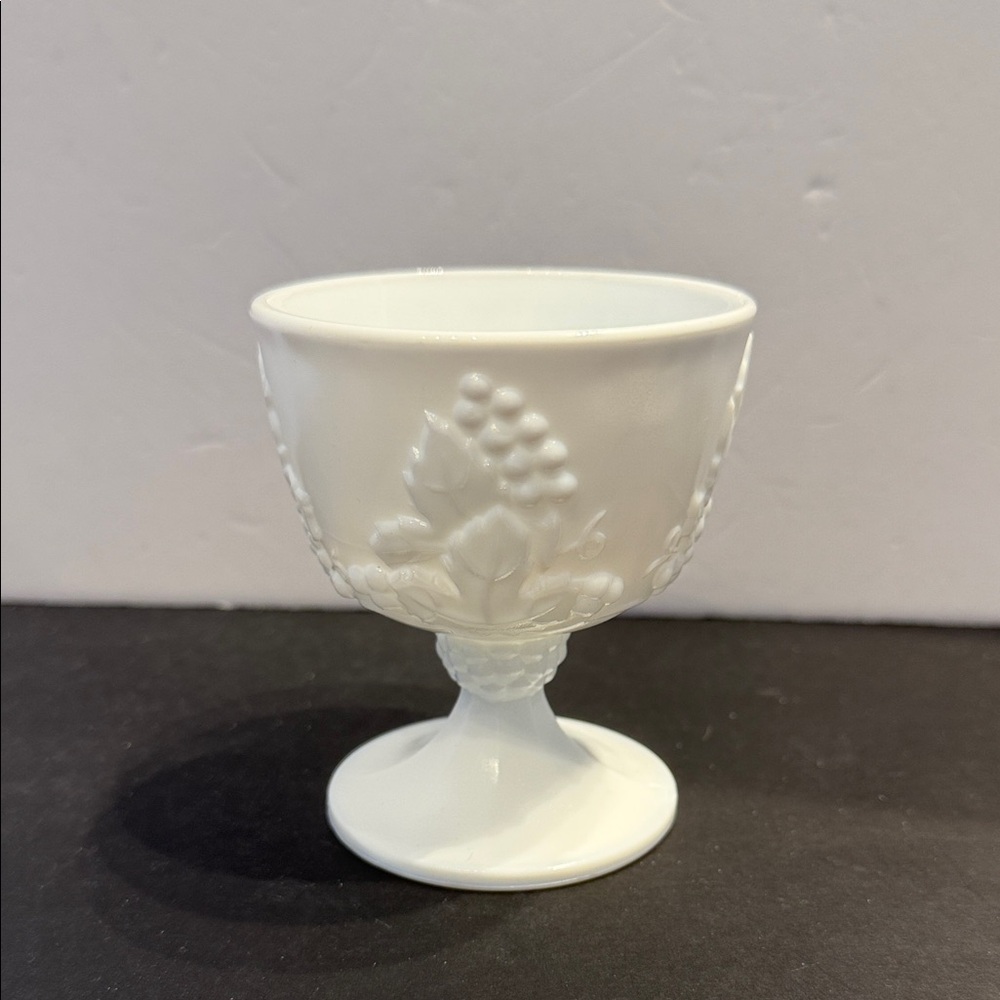 Vintage White Milk Glass Harvest Grape vine pattern Footed Goblet Sherbet